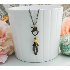 Handmade Bronze Leaf & Sparrow Necklace Soaring Above Darkness Pink Flower Charm